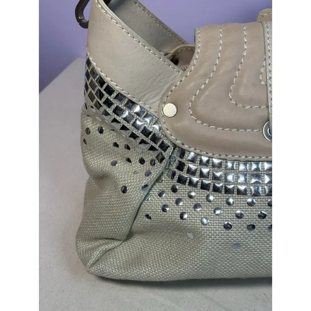 Jimmy Choo Buckle Studded Tulita Hobo Shoulder Bag Tan Canvas - Picture 7 of 16